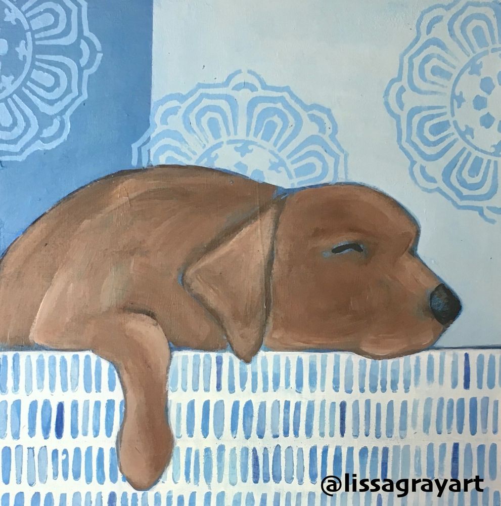 Painting of chocolate Lab sleeping with various shades of blues, green and cream patterns