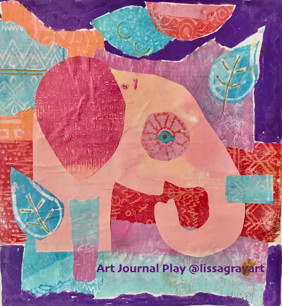 Collage featuring a pink elephant and various shapes and sizes of paper in turquoise, pink, lavender, orange, red with a dark purple background