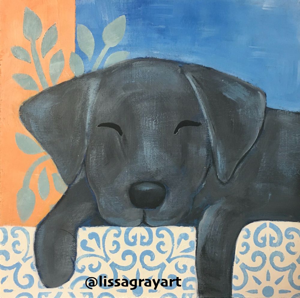 Painting of black dog sleeping with blue and orange back ground and green leaves and a blue pattern on white cream background