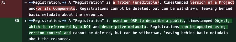 Previous text: "A “Registration” is a frozen (uneditable), timestamped version of a Project and/or its Components. Registrations cannot be deleted, but can be withdrawn, leaving behind basic metadata about the resource."

Updated text: "A “Registration” is used on OSF to describe a public, timestamped Object, which is referenced by a DOI and descriptive metadata. Registrations can be updated using version control and cannot be deleted, but can be withdrawn, leaving behind basic metadata about the resource."