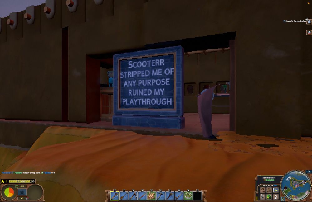 Eco in game screenshot of a sign that says “Scooterr stripped me of any purpose, ruined my play through”