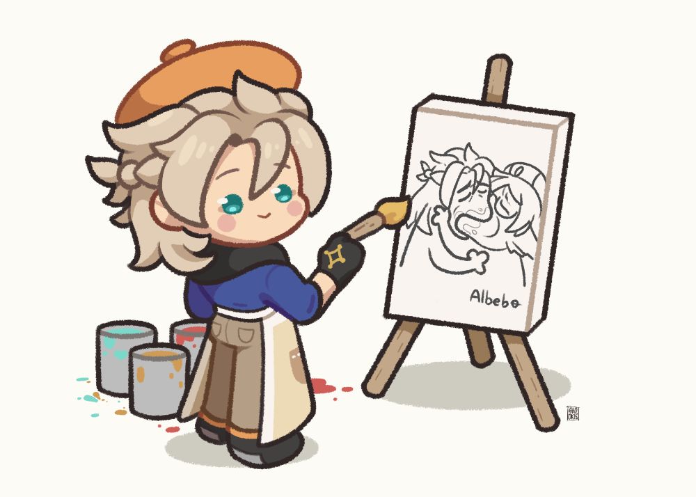 A chibi illustration of Albedo based on his outfit from Pop Mart's Dress Up Dreams figures. Albedo is standing and painting a portrait of him and Sucrose making out.