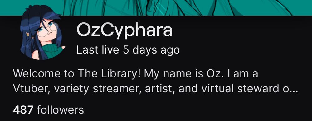 A screenshot of my twitch channel header, with a follower count of 487.