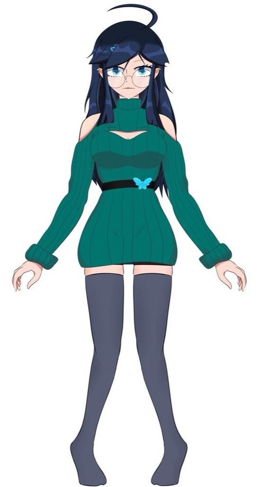 A full-body image of my Oz vtuber model, with long blue hair, a green-blue short sweater dress with windows at the chest and shoulders, and high grey thigh-high socks.