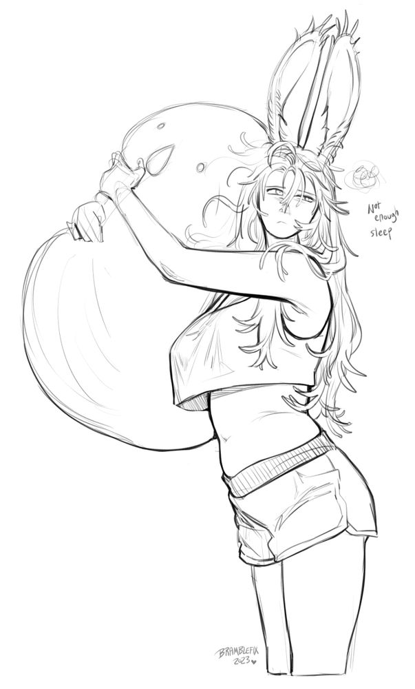 tired-looking Blue hugging her ronkan plush