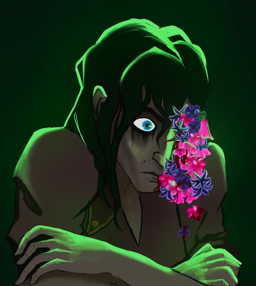 A bust of Young Silco hugging himself in shock. His wet, messy hair and running eye make up imply it’s just after Vander’s betrayal. Small flowers (Azaleas, foxgloves, bluebells, blue anemones) pour out of Silco's open wound on his left eye. Blood drips down along the flowers. A sickly green neon light shines on him.