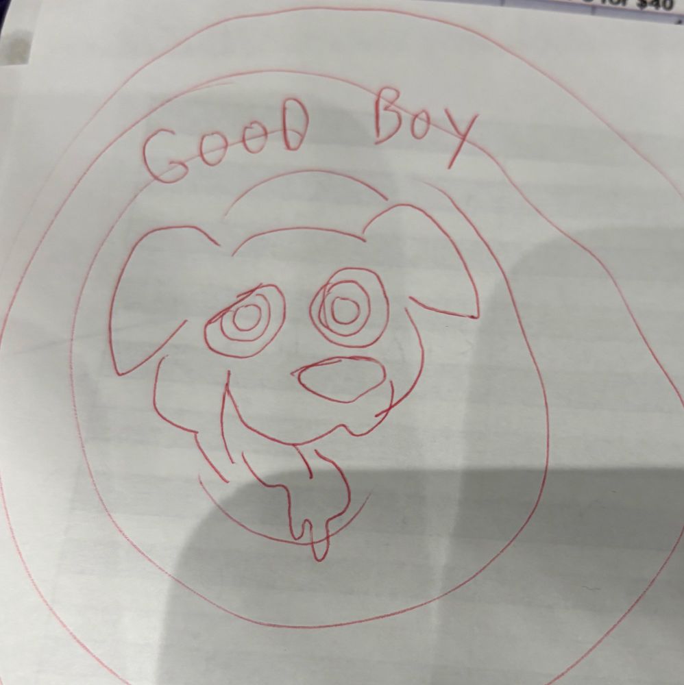 pen sketch of a hypno eyes drooling dog head with hypno swirls in the background and “good boy” written above.