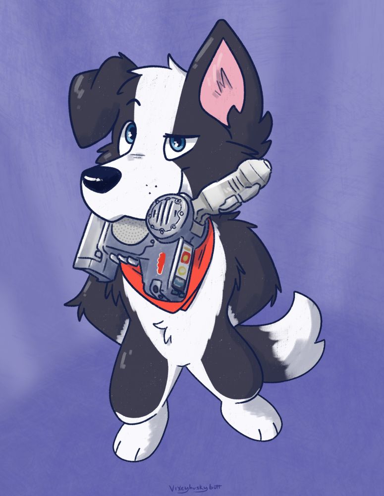 A top down perspective over an anthro border collie, wearing a red bandana, proudly holding a remote control train controller in his mouth. 