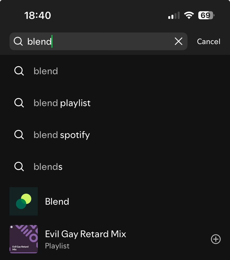 Spotify screenshot of a search for “blend” with a result titled “Evil Gay [slur I’m absolutely not typing out] Mix”. It’s a real result but the playlist is not actually by Spotify, just made to look like it