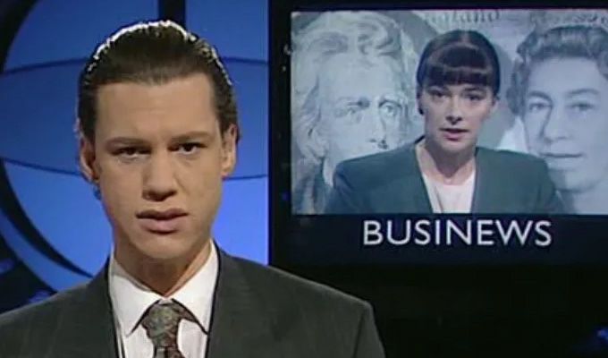 Screenshot from satirical news program The Day Today with the headline “Businews”