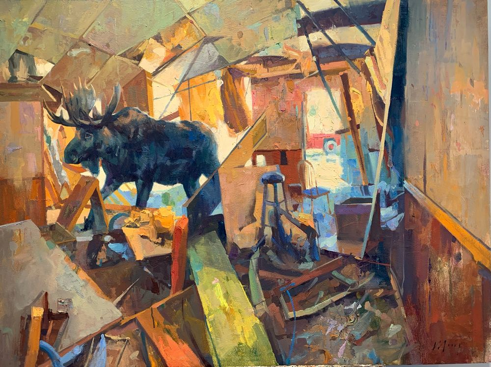 A moose wanders through a damaged home. 