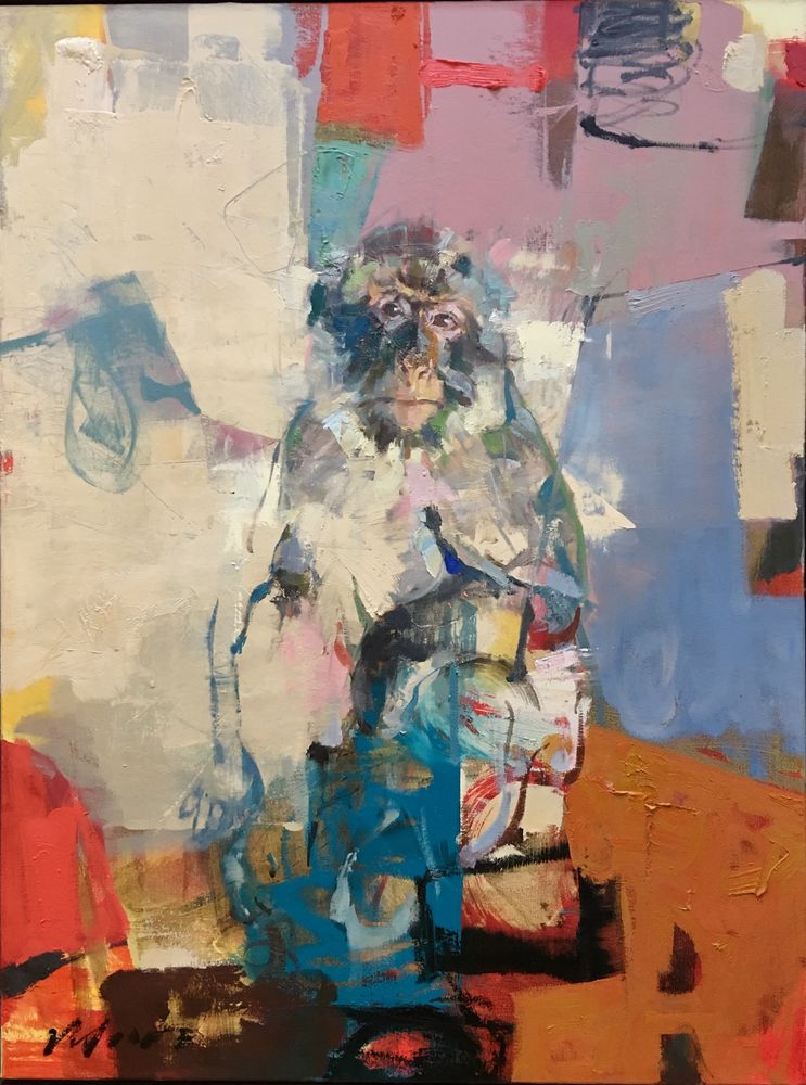 A painting of a Macaque monkey merged into an abstract background 