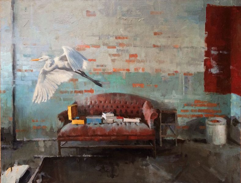 A painting of a white egret flying through an abandoned living room space, painted brick wall and an old red couch with junk on it. Where is he going? Why is he there? 
