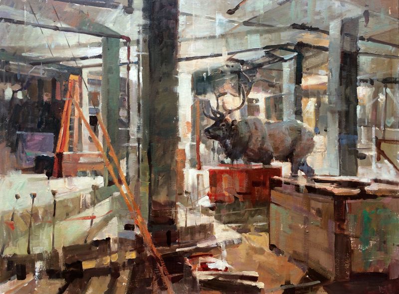 Painting of an elk wandering through a construction site.
