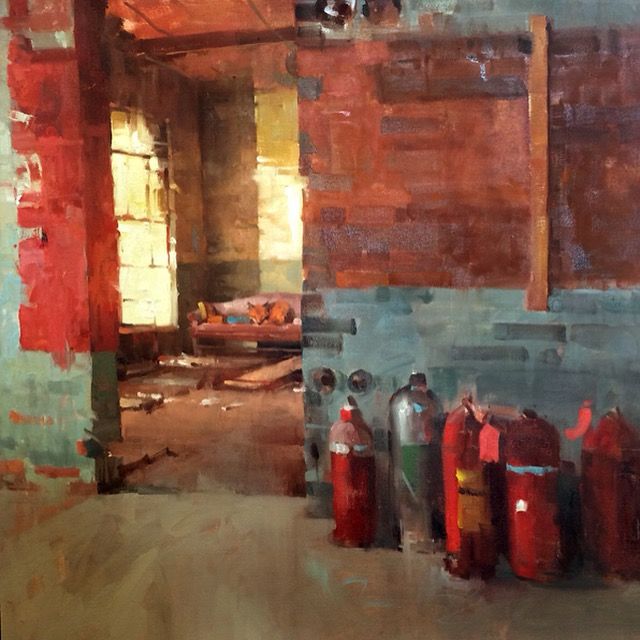 In an abandoned building we are drawn to a cluster of red fire extinguishers, but through the open doorway we see a couch covered with junk and a single sleeping fox. The painting is designed so that the fox is a surprise find. 