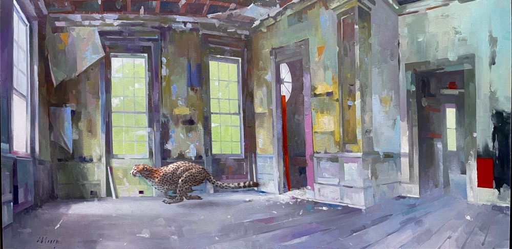 A painting of a cheetah running through a burned out building toward an open window