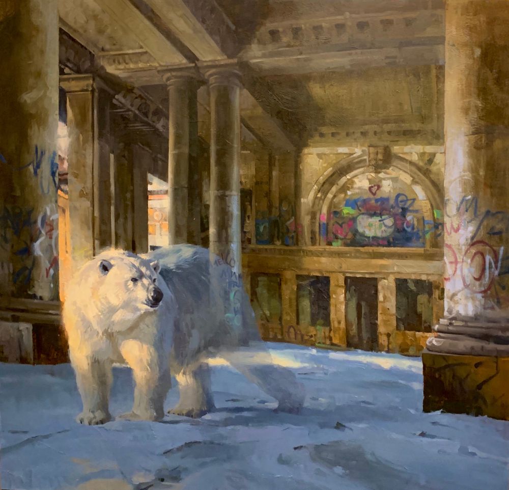Final painting of a polar bear in a train station with snow on the floor and graffiti on the walls. The polar bear is disappearing. 