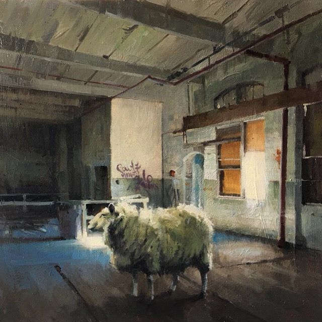 Painting. A lone sheep stands in an old warehouse. 