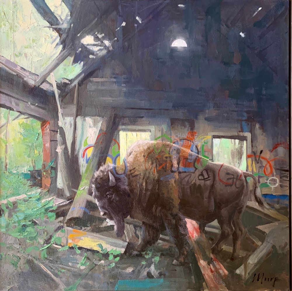 A painting of a buffalo walking through a dilapidated house with graffiti 