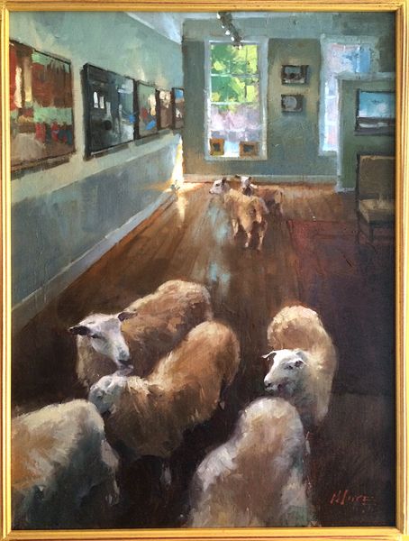 A painting of sheep in a gallery looking at paintings of animals in commercial spaces. Irony. 