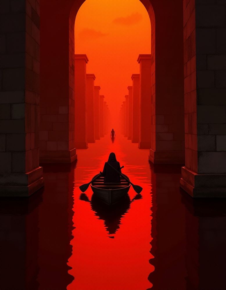 The scene is suffused with an otherworldly glow, a deep, saturated crimson that seems to pulse through the air like the heartbeat of some ancient, forgotten entity. The sky above is a solid expanse of fiery orange, as though the heavens themselves have been set ablaze, casting an eerie light over everything below. Beneath this surreal canopy lies a vast, reflective surfaceâwater so still and smooth it mirrors the world above with perfect clarity.
Dominating the foreground is a small, solitary figure seated in a wooden rowboat. The boat floats motionless on the water's surface, its reflection stretching out endlessly, creating the illusion of two identical vessels, one real and one inverted. The figure at the helm is cloaked in dark clothing, their features obscured by shadow, giving them an air of mystery and anonymity. They hold oars in their hands, but they remain idle, suggesting a moment of pause or contemplation rather than active navigation.
The architecture surrounding the scene is imposing and enigmatic. Massive stone arches rise on either side, their surfaces weathered and textured, hinting at age and decay. These structures frame the path ahead, leading the eye deeper into the tunnel-like passage that stretches into the distance. At the far end, another figure can be seen walking away, their silhouette swallowed by the red haze, adding a sense of depth and intrigue to the composition.
The atmosphere is heavy with silence and solitude, as if time itself has slowed within this crimson realm. The color palette is dominated by shades of red and orange, creating a haunting beauty that feels both alien and hypnotic. There is a palpable tension in the air, as though the very environment is alive, pulsing with an unseen energy. It is a place where reality blurs into dream, where every element, the water, the light, the architecture seems to exist in perfect harmony yet carries an undercurrent of unease.
