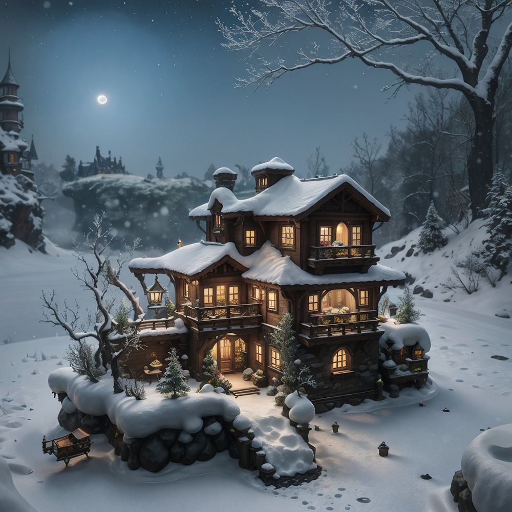 Belle demeure enneignée sous la pleine lune