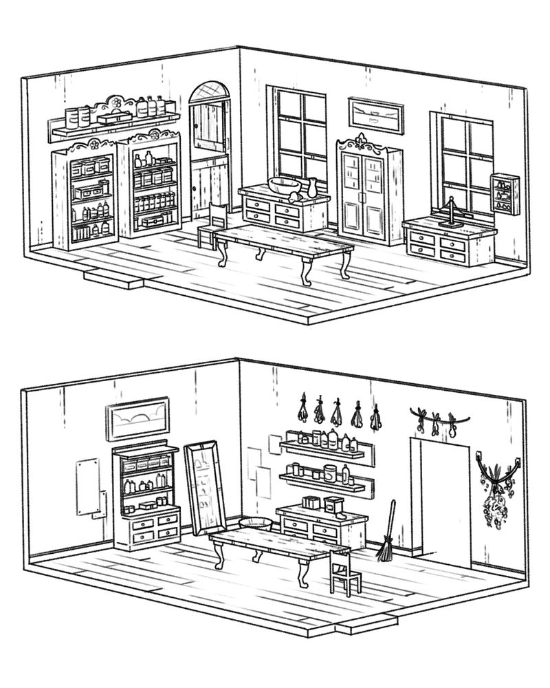 A drawing of a diorama showing an apothecary room with a table and several shelves filled with potions and herbs.