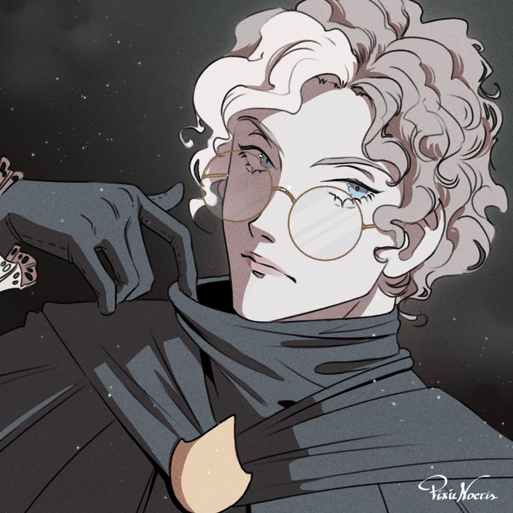 Drawing of a pale young man with sharp facial features, curly blonde hair with a white streak at the front, blue eyes, and round glasses.