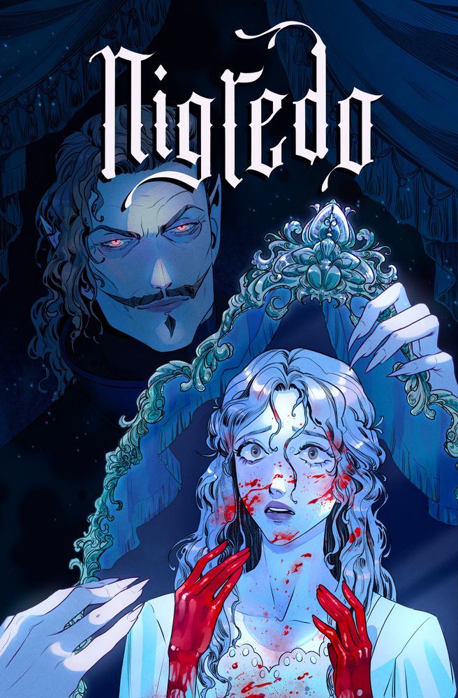 Comic cover depicting a vampire holding an ornate mirror from the shadows, reflecting a woman with bloodied hands and a shocked expression. The atmosphere is cold and gloomy. The title says "Nigredo".