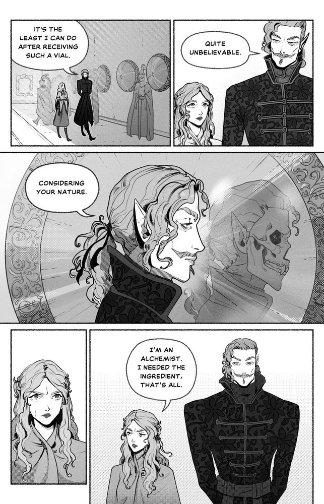Comic page showing a vampire Lord and a human alchemist having a conversation in a corridor. As they pass by, the vampire's face is reflected as a demonic skull in one of the shields adorning the wall.