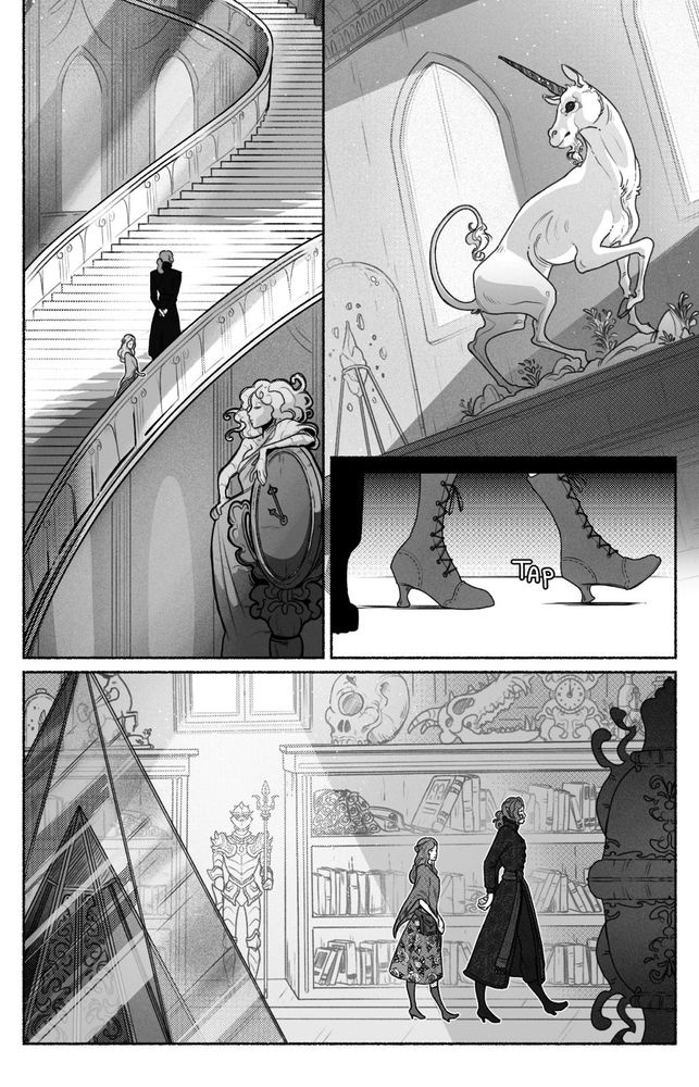 A comic page depicting two figures: a human woman and a vampire, lord of the castle, walking up a staircase and stepping into a room full of curiosities. One of them is a taxidermied unicorn, just casually standing there.