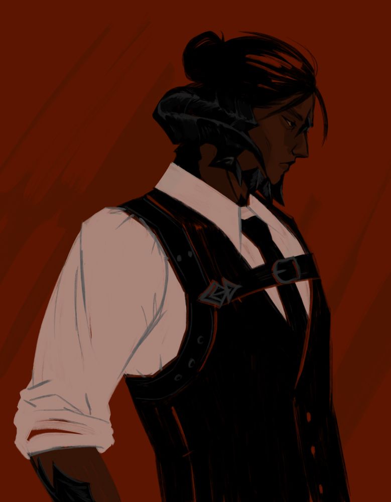 it's digital art of a buff man with dark skin, dark hair tied back, and dragon-like scales and horns. unfortunately he's wearing a vest, tie, and harness that make him very hot, and we hate this because he's a certified bastard man.