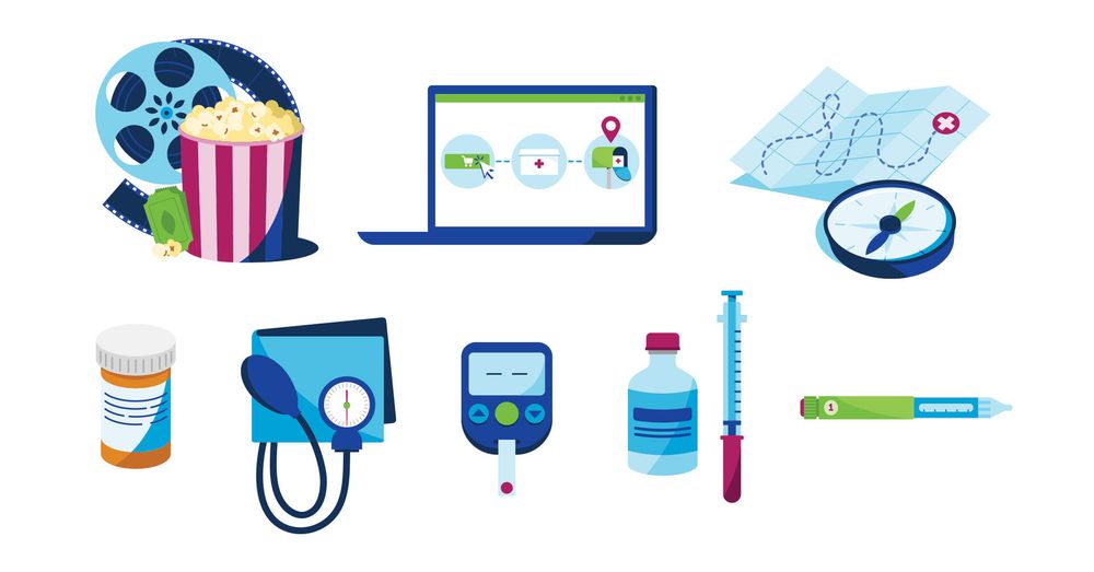 1. A popcorn bucket, movie tickets, and a film cannister
2. A laptop showing pharmacy tracking
3. A map and compass to show the way
4. A pill bottle
5. A pressure cuff
6. A glucose monitor
7. A vaccine bottle and syringe
8. An insulin pen
