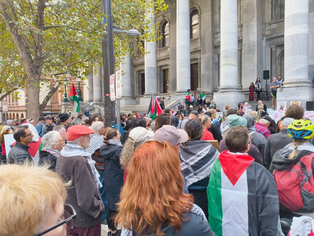 A crowd of protestors against the Genocide in Gaza at the steps of the new South Australian Parliament.