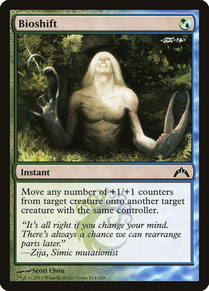 Magic the Gathering card Bioshift. One green or blue mana, instant. Ability is "Move any number of +1/+1 counters from target creature onto another target creature with the same controller"