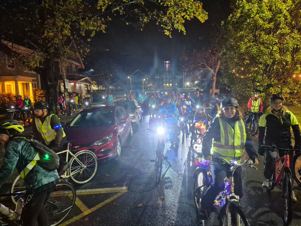 A massive pack of cyclists, all decked out in lights and reflective gear. I think we were so bright, NASA complained they could see us from space.