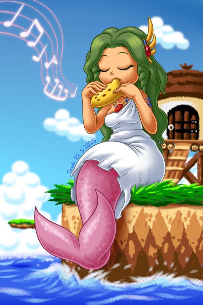 The mermaid NPC from the Sega Mega Drive/Genesis game Wonder Boy in Monster World, playing a melody on an ocarina while sitting before the ocean.