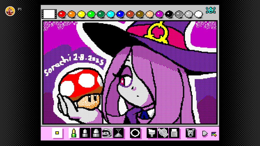A drawing of Sucy Manbavaran from Little Witch Academia in the Nintendo Switch Online release of Mario Paint  She is holding a Super Mushroom from the Mario series and looking at it.