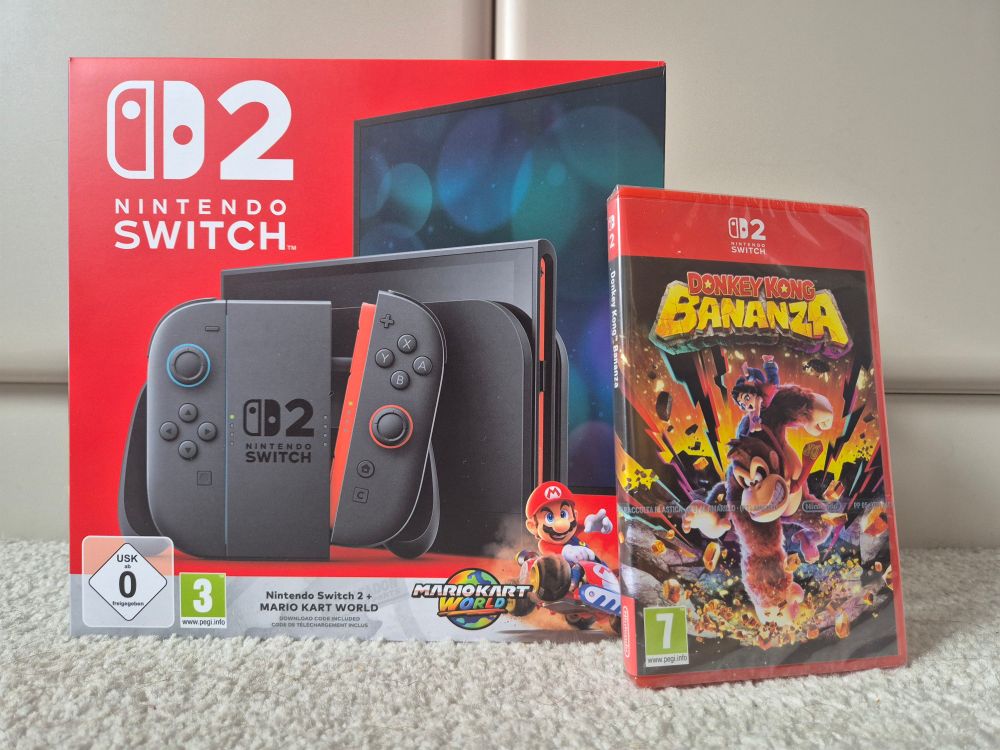A Nintendo Switch 2 and a copy of Donkey Kong Bananza.