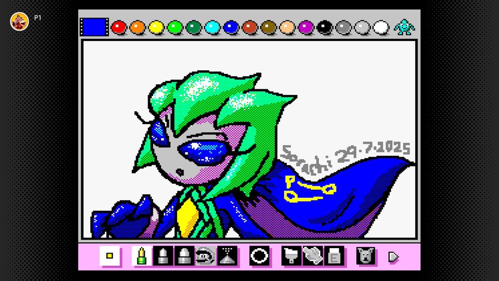 A drawing of Void from Sonic Shuffle in the Nintendo Switch Online release of Mario Paint. His cape is flowing behind him.