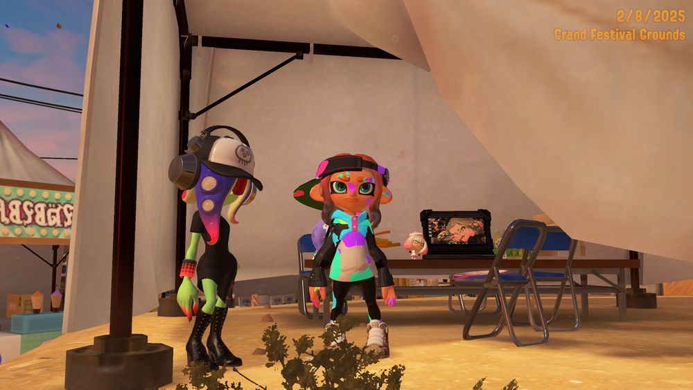 An Octoling standing next to Acht at the Grand Festival Grounds in Splatoon 3. Out-of-bounds glitches were used to achieve this.