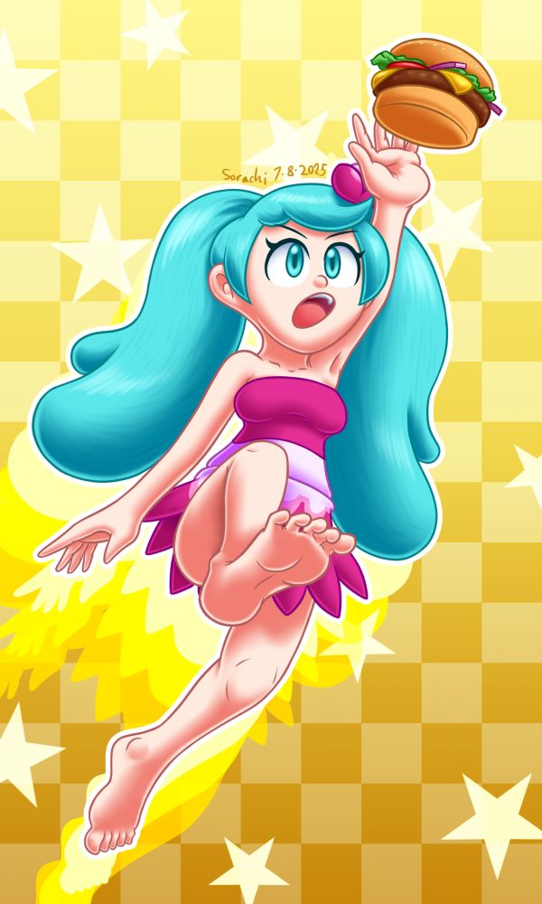 Tanya from Wonder Boy based on her design from Wonder Boy Returns and Returns Remix, leaping upwards to grab a hamburger with an afterimage trail to show she is jumping.