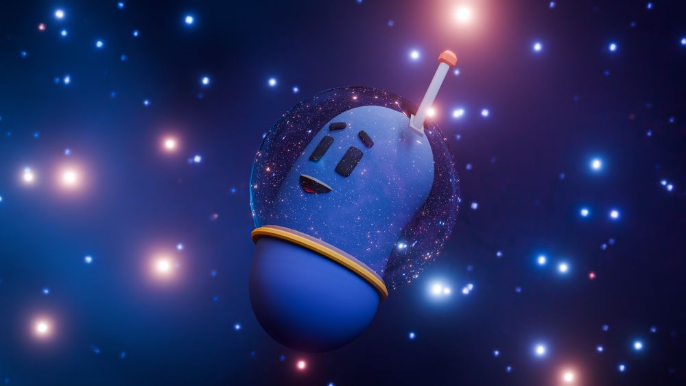 A blue capsule-shape floats in space. Bright blue and orange stars glow behind him, along with blue nebulae and black void. He wears a perfectly spherical space helmet that covers most of his body, and the collar of the helmet is around his waist. A grey antenna with a red tip extends from one side of the helmet. The character is arching his back, looking up at his surroundings. His face is a wide-eyed expression of wonder.