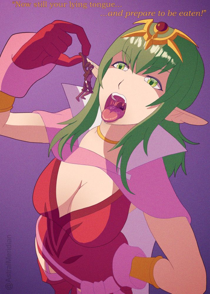 In a shot from above, the Fire Emblem Awakening character Tiki  is holding a tiny rendition of Anna over her mouth. Her mouth is open wide with her tongue sticking out, dripping with saliva. At the top of the image is text that reads a quote from the game that says "now still your lying tongue and prepare to be eaten".
