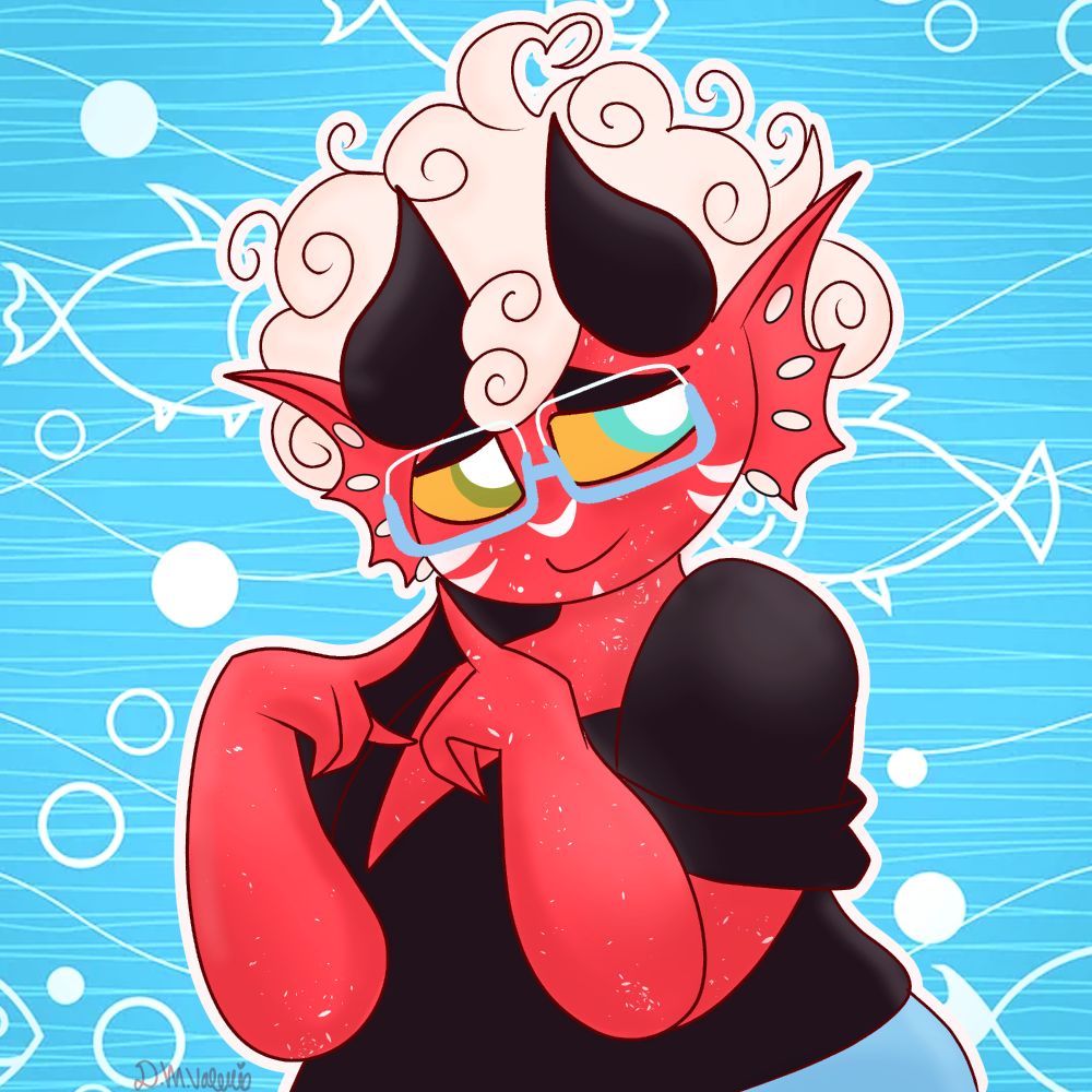 A chubby Helluva Boss style imp with white curly hair and freckles, short black horns, and one green and one blue eye. They are wearing a black top and blue wire rim glasses with piercings in their fin-shaped ears. They have a shy expression and are touching their index fingers together. The background is light blue with outlines of bubbles and fish. 