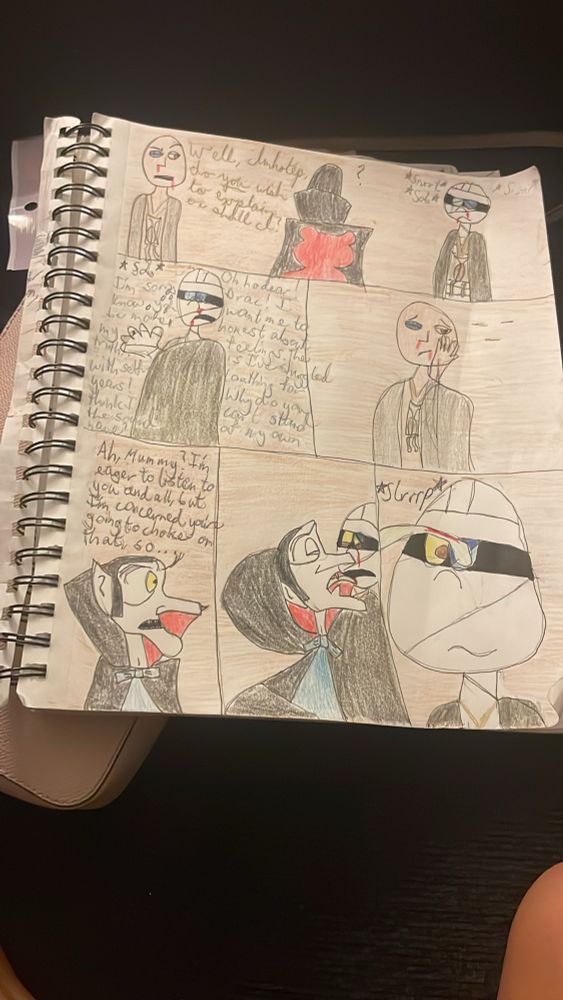 Panel 1: Imhotep: *Giving the side-eye and raised brow look at Mummy* Well, Imhotep, do *you* wish to explain, or shall 1?
Mummy: *Begins losing composure as a tear rolls down cheek*
Panel 2: Mummy: *Breaks down sobbing* Oh ho dear!
I'm sorry, Drac! I know you want me to be more honest about my feelings. The truth is l've struggled with self-loathing for years! Why do you think I can't stand the sound of my own name?
Panel 3: Imhotep: *Is just done* 😑
Panel 4: Drac: Ah, Mummy? I'm eager to listen to you and all, but I'm concerned you're going to choke on that, so...
Panel 5: Drac leans up against Mummy's face and begins licking up the blood streaming from Mummy's mouth with his long, green tongue.
Panel 6: Closeup of Mummy's face continuing to be licked clean by Drac's tongue; Drac's tongue now against Mummy's right eye, the lower lid having been healed of its previous bruise. Mummy: 😐