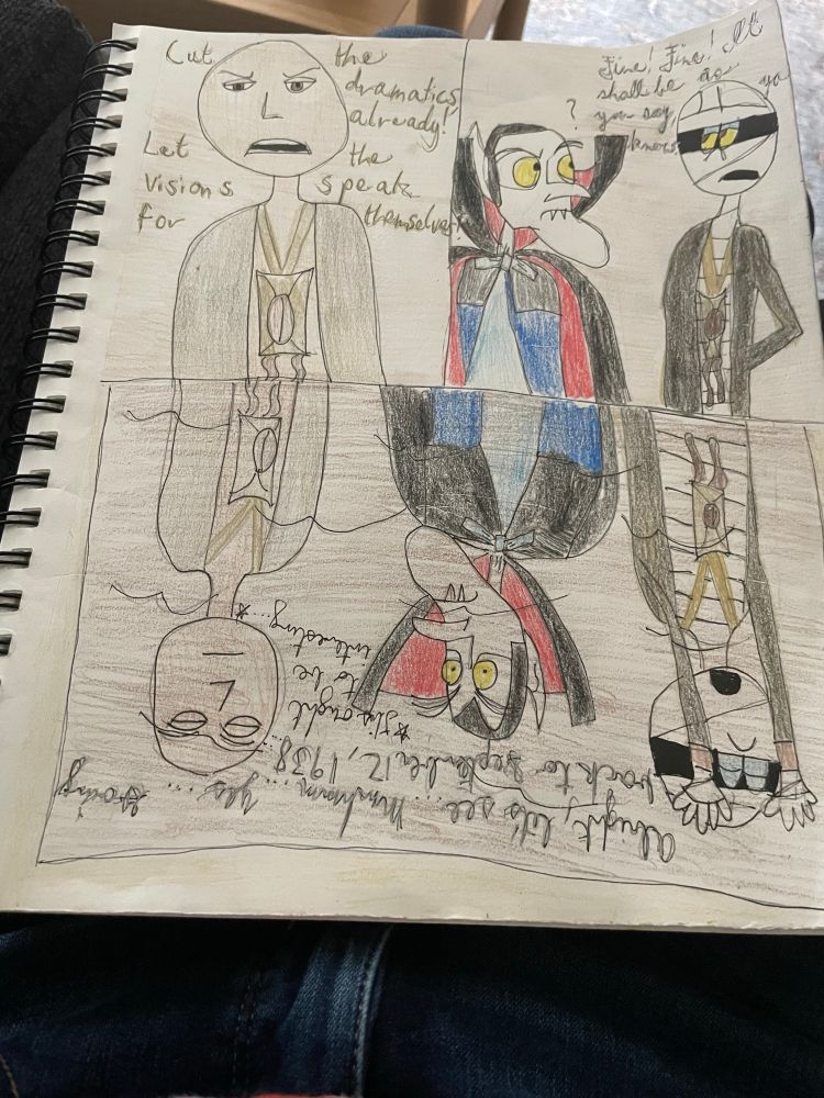 Panel 1: Imhotep: Cut the dramatics already! Let the visions speak for themselves!
Panel 2: Drac: *Looks to The Mummy with impatient curiosity*
Mummy: Fine! Fine! It shall be as you say, ya know.
Panel 3: The trio's reflections upside-down in the tar pit.
Mummy: *Eyes closed, rubbing temples of head* Alright, let's see...Mmhmm…Yes...Going back to September 12, 1938...