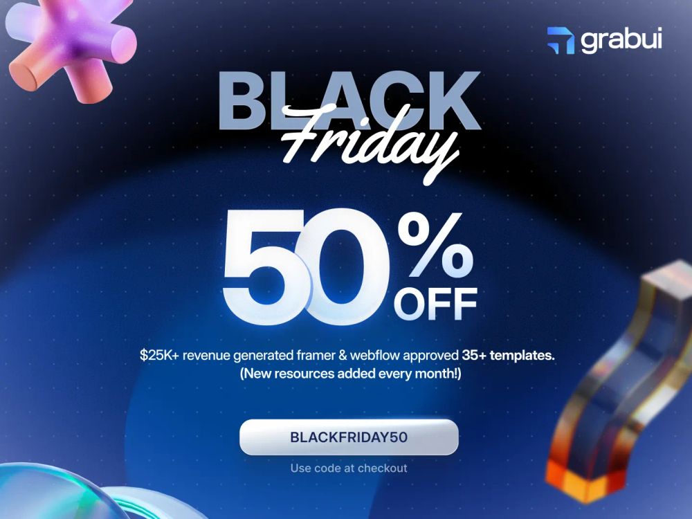 Bold "Black Friday" ad promoting 50% off templates with promo code BLACKFRIDAY50 on a dark blue background with abstract colorful shapes.