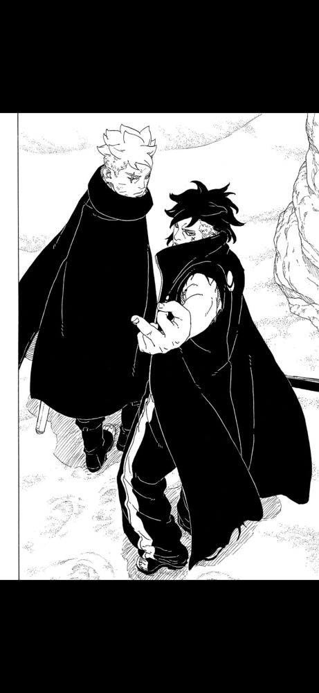 a screenshot from boruto TBV chapter 24. Boruto and Kawaki are aura farming, Kawaki is winning as he's flipping off the camera