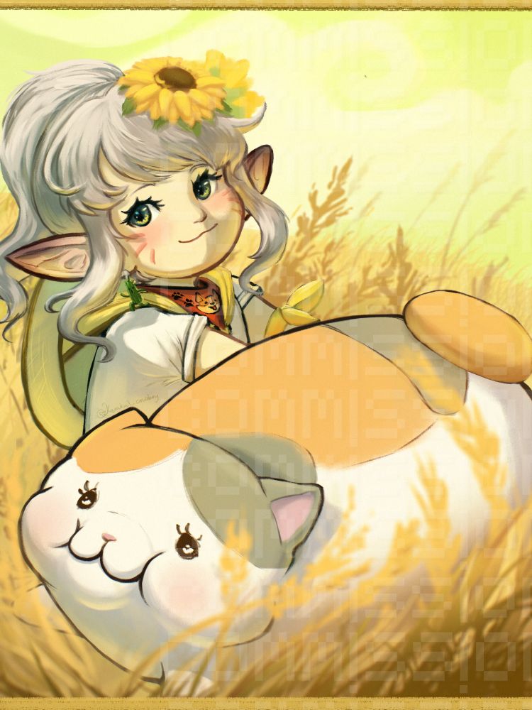 ordered by Nein Lives to be given as a prize for a parkour event held for fun: a painting of an ffxiv lalafell and fat cat enjoying a sit in field , the fat cat playfully frolicking among the wheat grass. the sky is a light shade of green, a fantasy kind of weather meant to convey this playful and calm energy! Original congratulation text from the top right has been redacted before posting to this site after the intended receiver messaged me that this was meant as a gift for their friend! :D